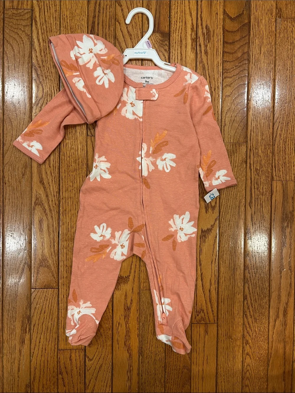 Carter's Coral Floral Footed One-Piece with Matching Hat